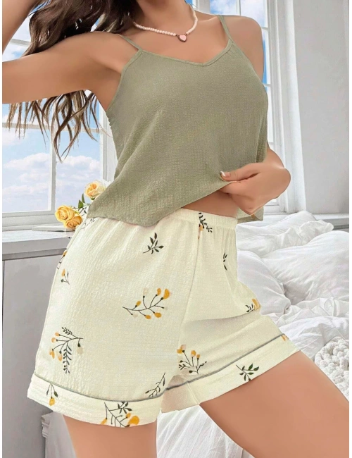Kadın Ekru Çiçek Baskılı Şortlu Gecelik Pijama Takımı 5099
