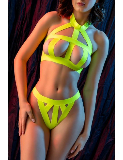 Kadın Fantazi Seksi Neon Sarı Bant Detaylı İç Giyim Takımı, Fetiş Tarz İki Parça Transparan Set