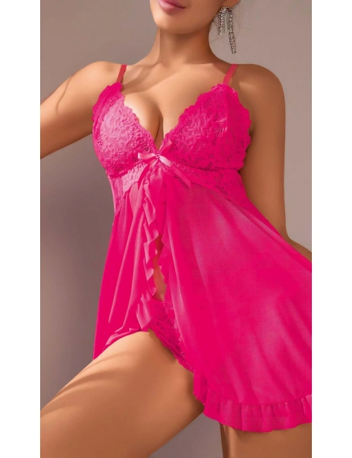 Kadın Fuşya Fantazi Gecelik Tül Önü Açık Fırfırlı Fiyok Detaylı 2113