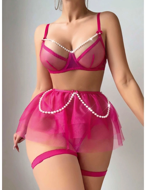 Kadın Fuşya İnci Detaylı Tül Etekli Seksi Fantezi Kostüm 2189