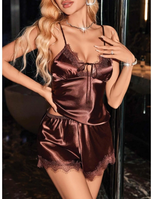 Kadın Kahverengi Askılı Dantel Saten Üst Pijama Takımı 2228