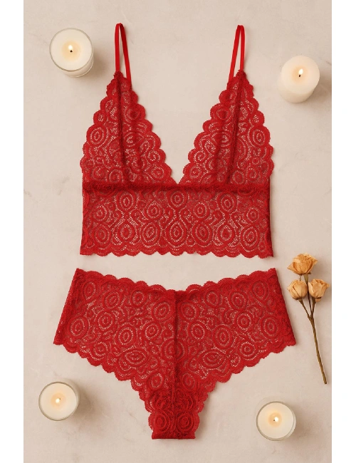 Kadın Kırmızı Dantel Bralet Şort Takımı – Tutkulu Ve Çekici İç Giyim