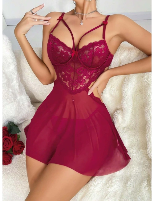 Kadın Kırmızı Fantazi Gecelik Tül Göğüs Dantel Dekolteli Fiyok Detaylı 2162