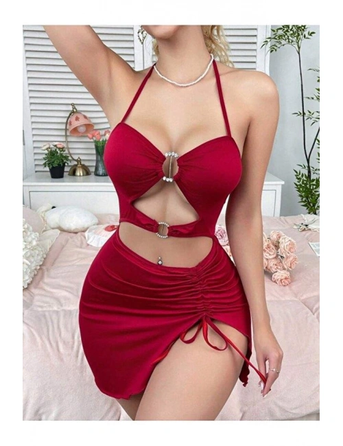 Kadın Kırmızı Fantezi Elbise Önden Büzgü Dekolteli 5082