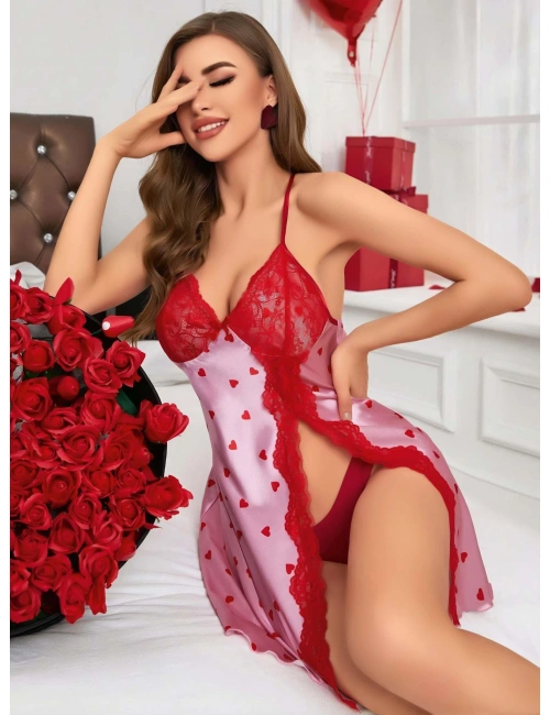 Kadın Kırmızı Kalp Desenli Saten Gecelik 2220