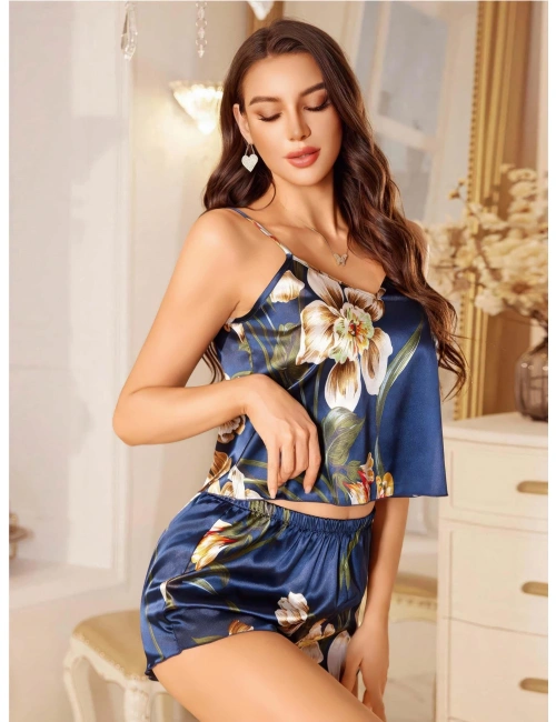 Kadın Lacivert Gül Desenli Askılı Dantel Üst Saten Pijama Takımı 2236