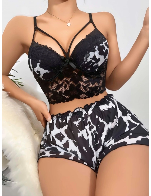 Kadın Leopar Dantel Detaylı Şortlu Gecelik Pijama Takımı 5055