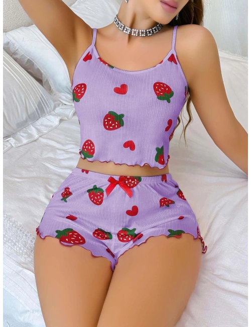 Kadın Mor Çilek Desenli Şortlu Pijama Takımı 5061