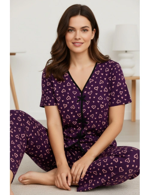 Kadın Mor Kalp Desenli Fiyonklu Kısa Kollu Uzun Pijama Takımı