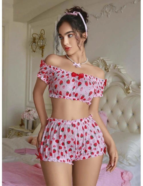 Kadın Pembe Çilek Desenli Sexy Kostüm 8014