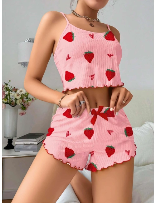 Kadın Pembe Çilek Desenli Şortlu Pijama Takımı 5056