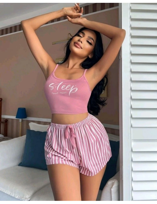 Kadın Pembe Çizgili Desen Askılı Şortlu Pijama Takım 9002
