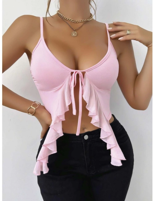 Kadın Pembe Crop Askılı Önden Bağlama Fırfır Detaylı 5090