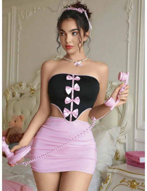 Kadın Pembe Etekli Fiyonk Detaylı Sexy Kostüm 8010