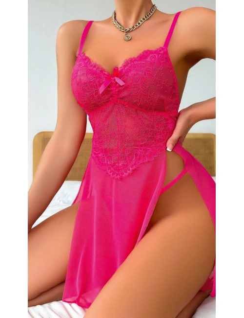 Kadın Pembe Fantazi Gecelik Tül Fiyonk Detaylı Yanları Dekolteli 2191