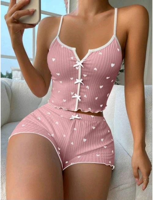 Kadın Pembe Kalpli Askılı Şortlu Pijama Takım 6654