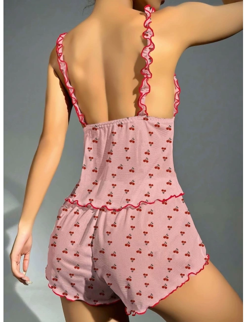 Kadın Pembe Kiraz Desenli Fırfırlı Şortlu Gecelik Takım 5102