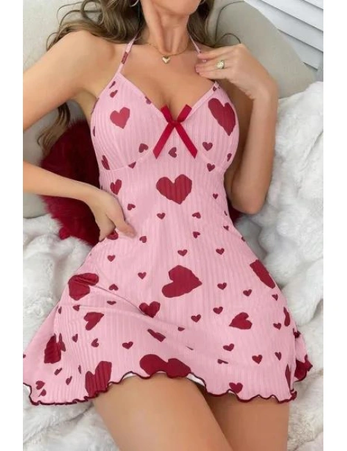 Kadın Pembe Kırmızı Kalp Desenli Askılı Sırt Dekolteli Elbise 5064