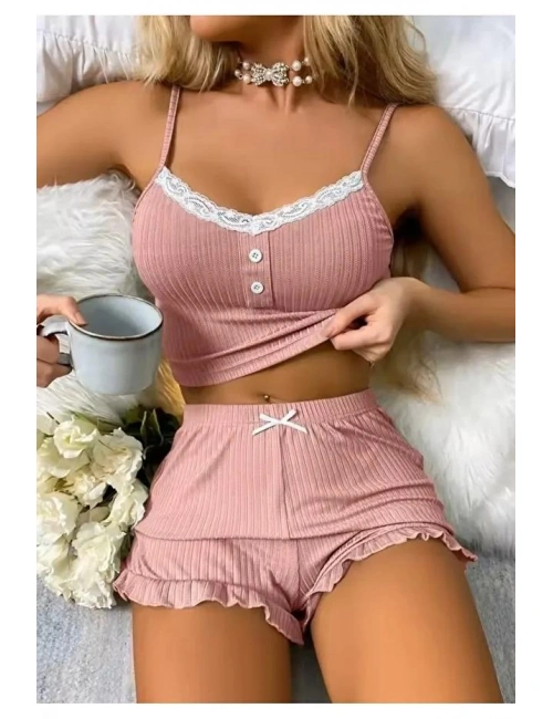 Kadın Pudra Dantel Detaylı Şortlu Gecelik Pijama Takımı 5015