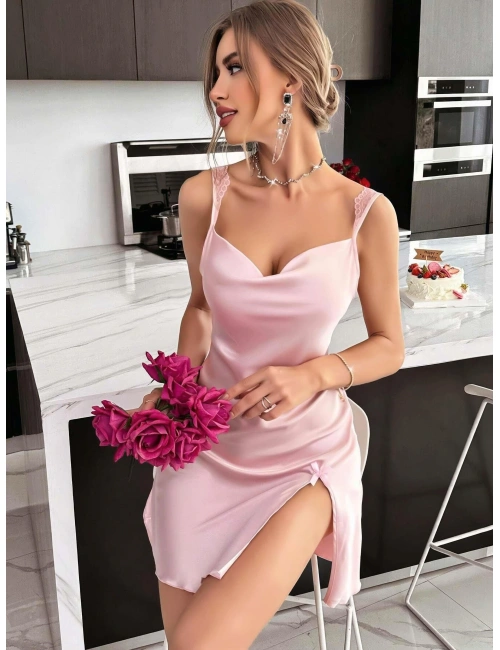 Kadın Saten Askılı Dantel Detaylı Gecelik - Pudra Pembe 2224