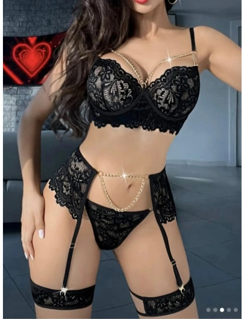 Kadın Seksi Siyah Jartiyer – Dantel Ve Zincir Detaylı Sütyen Külot Takımı