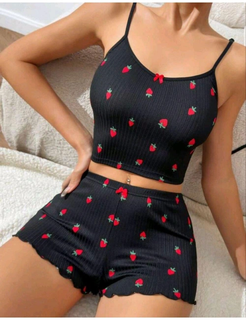 Kadın Siyah Çilek Desenli Seksi Gecelik Takım 6644
