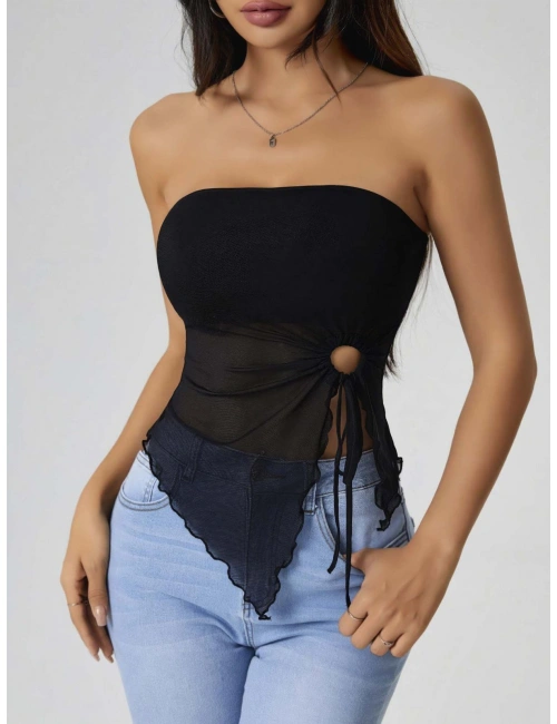 Kadın Siyah Crop Önden Halka Büzgü Detaylı 5094