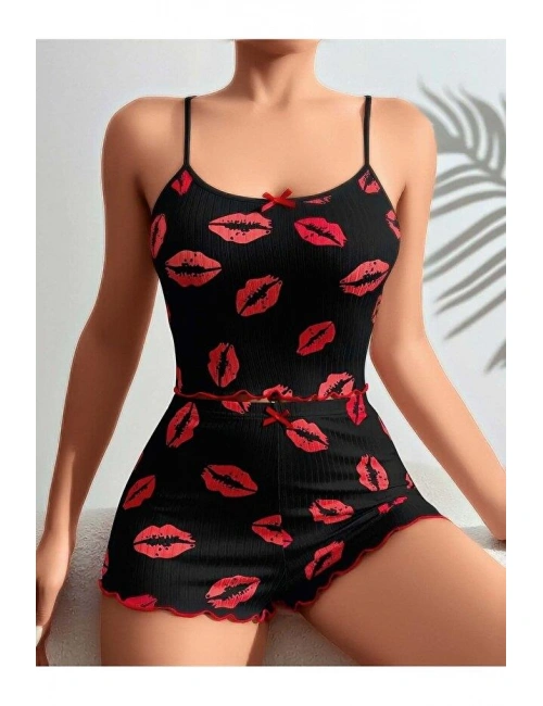 Kadın Siyah Dudak Desenli Şortlu Pijama Takımı 5057