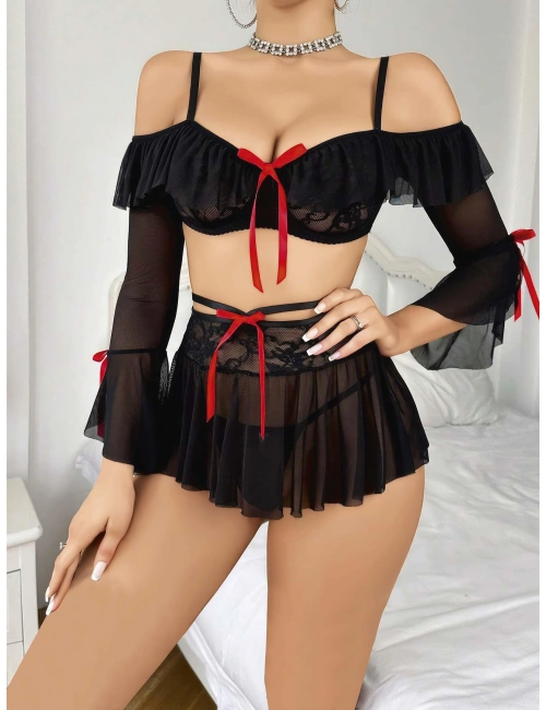 Kadın Siyah Etek Bustiyer Sexy Gecelik Takım 3831