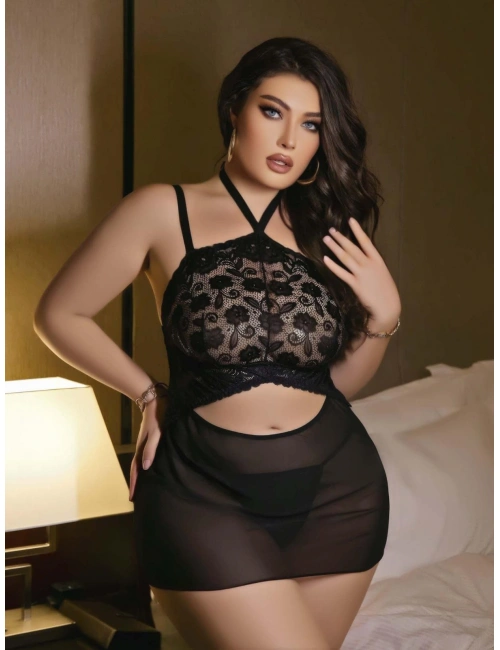 Kadın Siyah Fantazi Gecelik Kısa Tül Boyundan Bağlamalı 2200