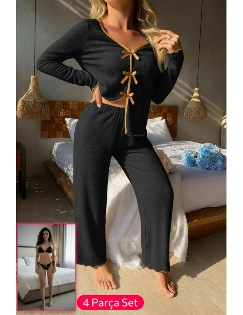 Kadın Siyah Fiyonklu İç Çamaşırı Ve Uzun Kollu V Yaka Pijama Takımı 4lü Set