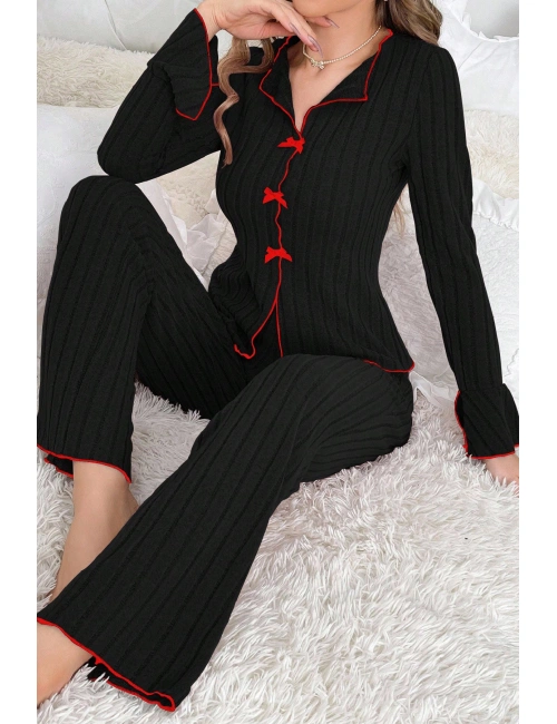 Kadın Siyah Kırmızı Biyeli Ve Fiyonklu Uzun Kollu Mevsimlik Pijama Takımı