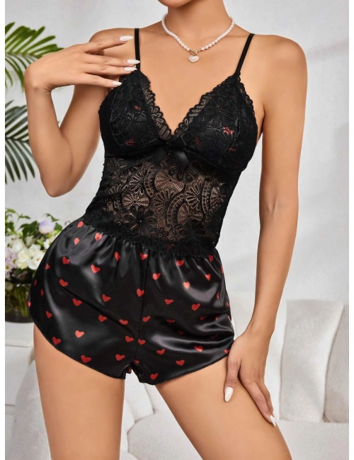 Kadın Siyah Kırmızı Kalp Desenli Saten Şort Pijama Takımı 2232