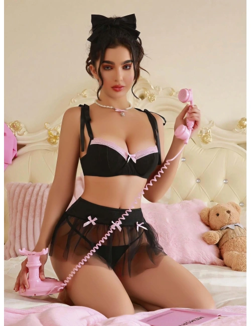 Kadın Siyah Pembe Fiyonk Detaylı Fantezi Kostüm 2149