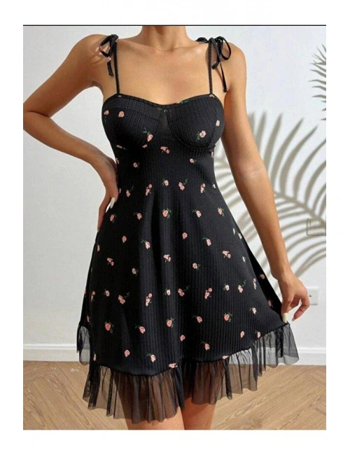 Kadın Siyah Pembe Gül Desenli Askılı Bağlamalı Dantel Detaylı Elbise 5072