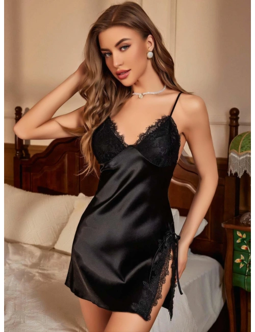 Kadın Siyah Saten Askılı Dantel Detaylı Gecelik 2231