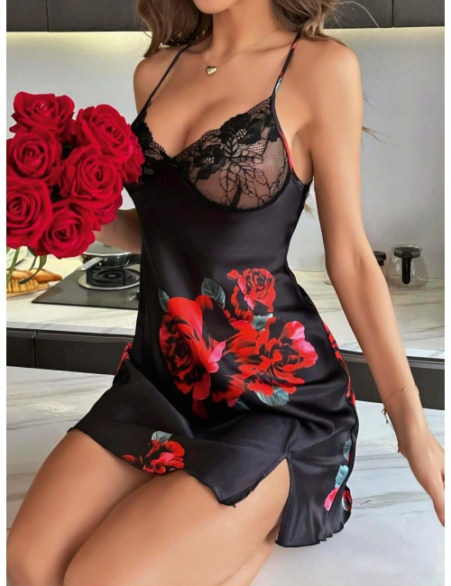 Kadın Siyah Saten Askılı Dantel Detaylı Gül Çicek Baskılı Gecelik 2221