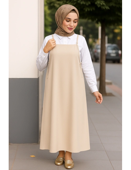 Kadın Taş Rengi Basic Ayarlanabilir Askılı Jile Elbise