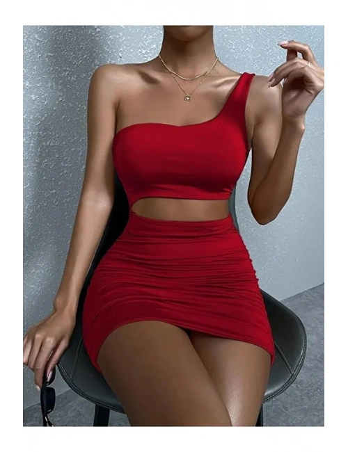 Kadın Tek Omuz Kesim Detaylı Büzgülü Fantezi Elbise 5078