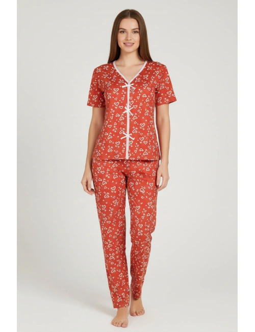Kadın Turuncu Kalp Desenli Fiyonklu Kısa Kollu Uzun Pijama Takımı