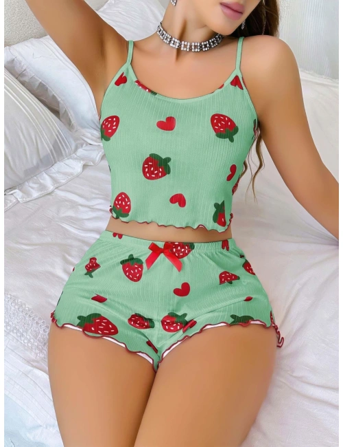 Kadın Yeşil Çilek Desenli Şortlu Pijama Takımı 5060