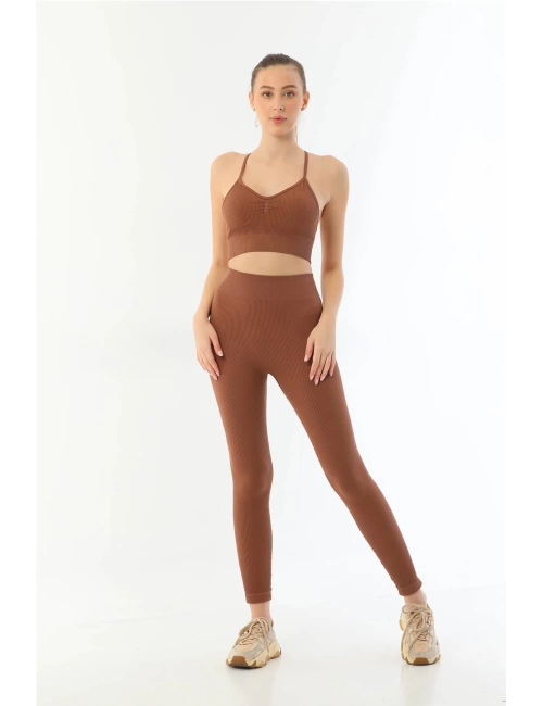 Kahve Mı Emay 3921 Soft Seamless Ripli Tayt Yoga Takımı
