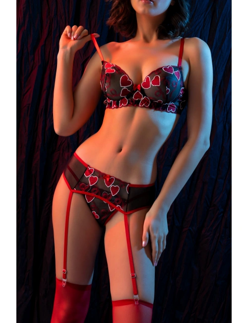 Kırmızı Dantel Jartiyerli 4’lü Fantazi İç Giyim Takımı,transparan Ayarlanabilir Askılı,kadın İçgiyim