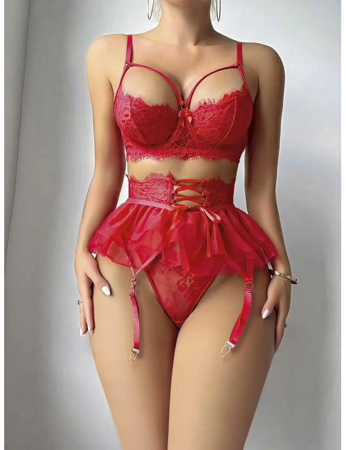 Kırmızı Etek Tül Fantezi Jartiyer Takım 2079