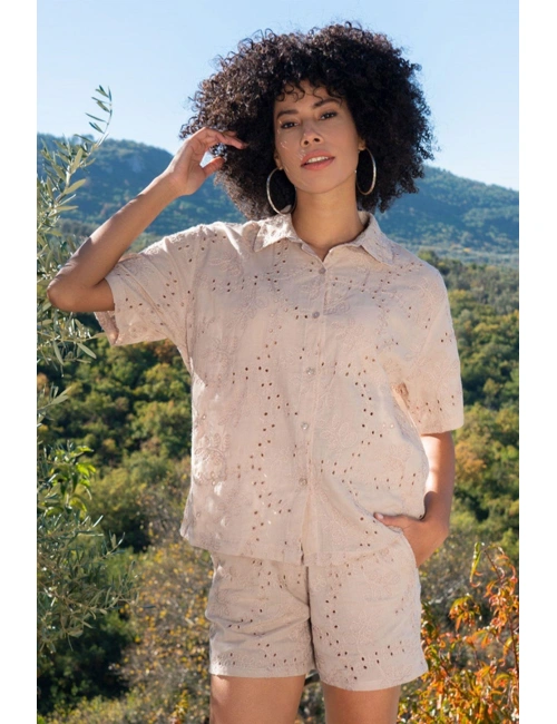 Kordone Nakışlı Kısa Kol Gömlek Kadın 410065