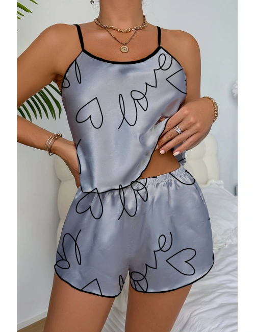 Love Baskılı Gri Saten Şortlu Gecelik Takım
