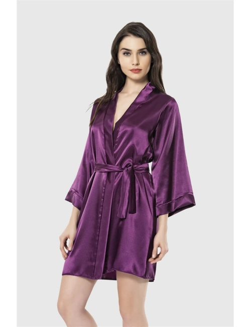 Mor Kısa Saten Sabahlık