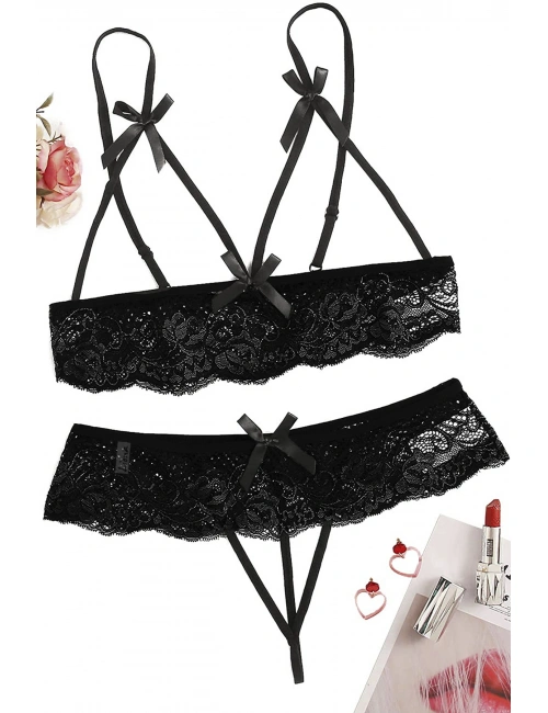 Özel Bölgesi Açık Siyah Fantazi İç Giyim Sütyen Külot