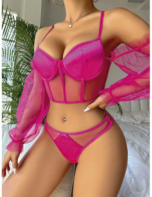 Pembe Kolları Tül Detaylı .jartiyer Fantezi Takım 3814