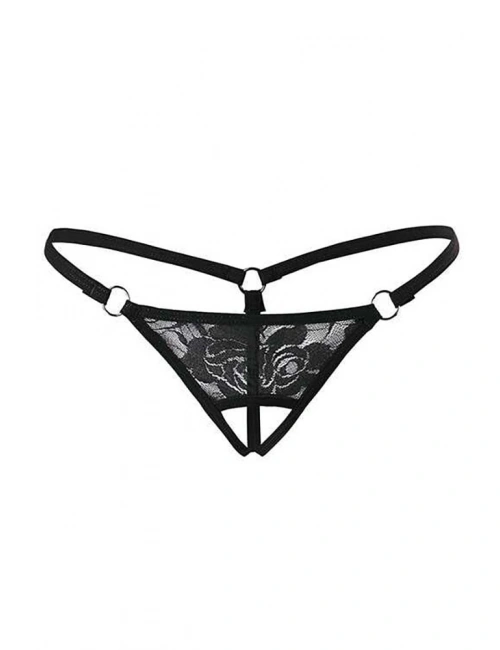 Siyah Dantelli Özel Bölgesi Açık G-string Brf1167